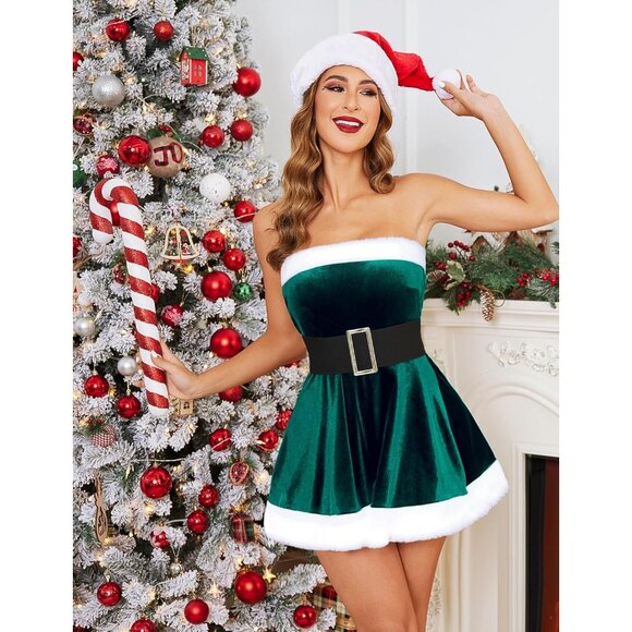 Women's Green Set 3 Piece Santa with Belt and Thong Baby Doll Christmas Lingerie - Picture 3 of 8
